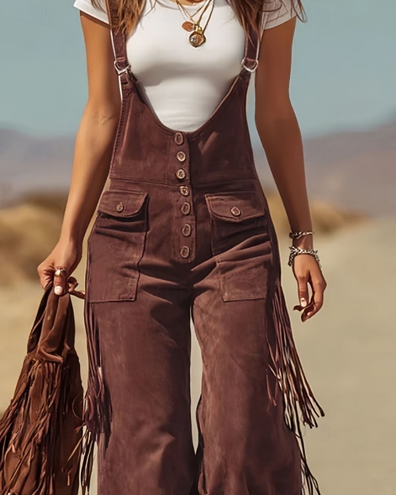 Жен. Брюки карго Широкие Биб Колготки Комбинезон Мода Уличный стиль На каждый день Полная длина Завышенная Полотняное плетение С кисточками Карман удобный Неэластичная 2026 - $61.99 –P3