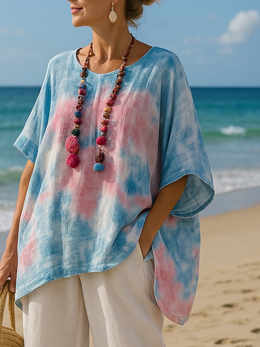Per donna Blusa Stampato Orlo asimmetrico Ombre Floreale Elegante Casual Mezza Manica Girocollo Top Regolari Quotidiano Blu Rosa Azzurro cielo Estate Primavera Autunno del 2026 a $21.99 –P3