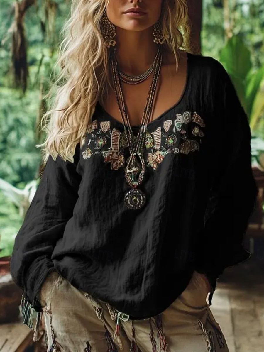 Women's Shirt Boho Shirt Blouse Print Graphic Bohemia Stylish Classic Long Sleeve V Neck Regular Tops Daily Holiday Going out Blue Black Light Green Wine Apricot Summer Spring Fall 2026 - $27.99 –P1