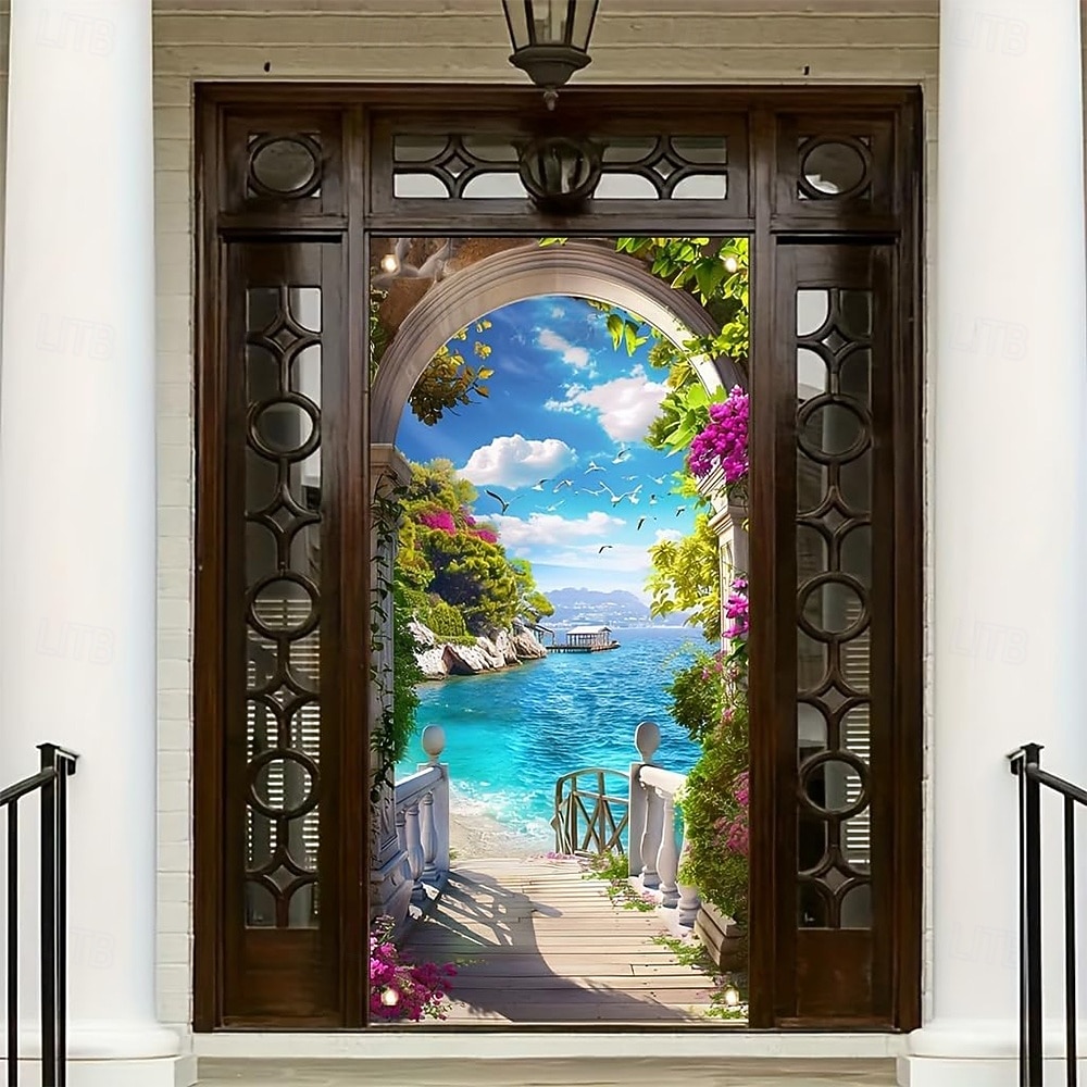Baner na drzwi z motywem plaży śródziemnomorskiej, 3D, łukowy, kamienny widok, tropikalny krajobraz oceanu, do powieszenia na ścianie w przedpokoju, sypialni, domu 2026 - $17.99 –P1