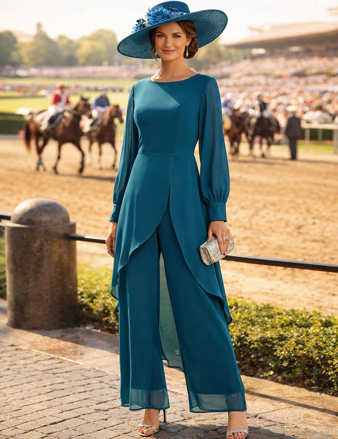 Buksedrakt Asymmetrisk Kjole til brudens mor Langermet Crew-hals Elegant Formell Bryllupsgjest Formell kveld Chiffon med Ensfarget 2026 - $160.99 –P1