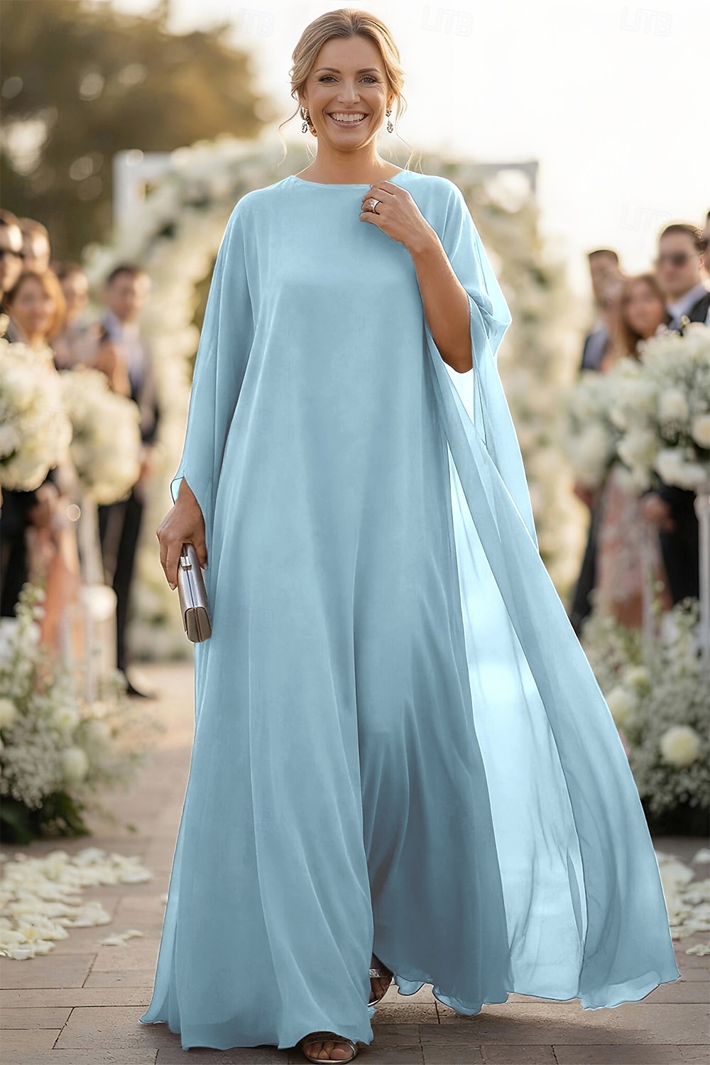 A-Linie Schlauchkleid Bodenlang Kleid für Hochzeitsgäste Abendkleid Brautmutterkleid Langarm U-Boot-Ausschnitt Elegant Formeller Abend Chiffon mit Einfarbig 2026 - $149.99 –P5