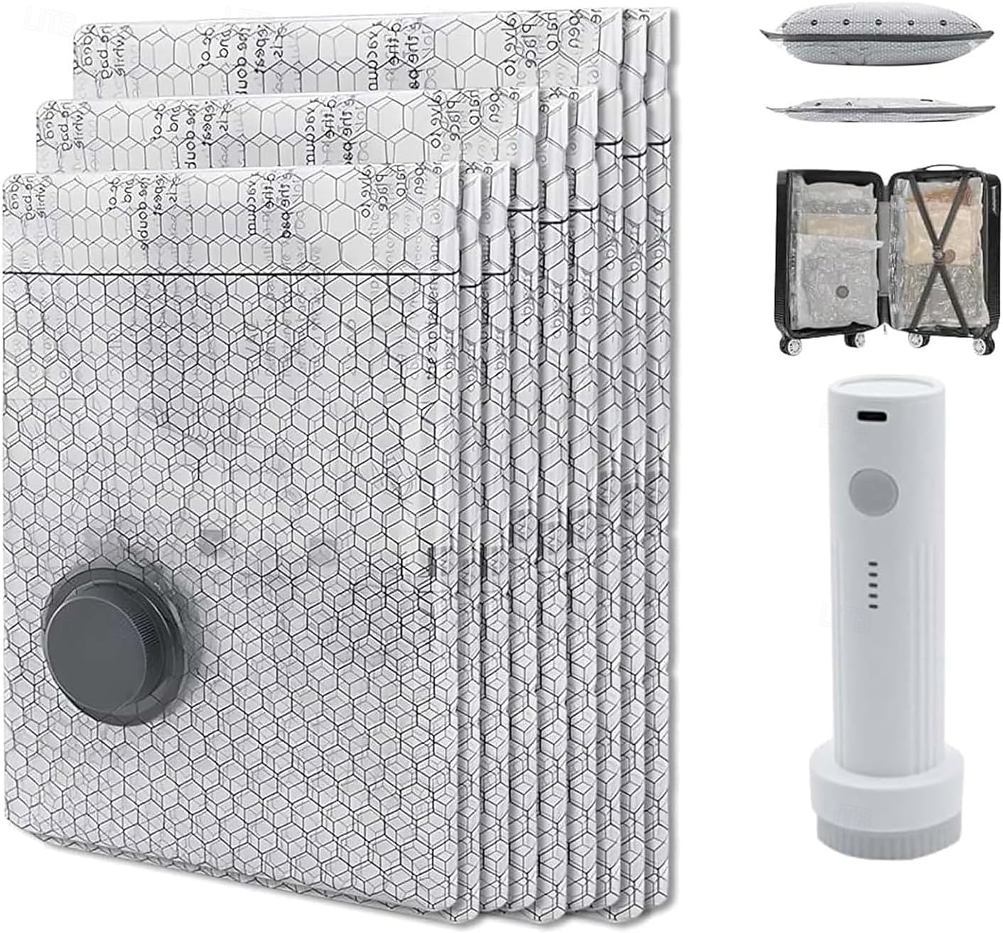 Conjunto de sacos de compressão a vácuo sem fio para viagem com bomba recarregável, cinza, reutilizáveis, transparentes, para organizar roupas, ideal para bagagem, armário e malas de viagem. de 2026 por $31.99 –P8