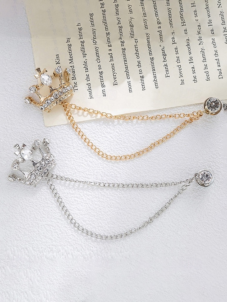 Pánská klopová brože s korunkou a řetízkem, materiál slitina, dostupné ve zlaté a stříbrné barvě, ideální pro svatby a večírky 2026 - $7.99 –P5