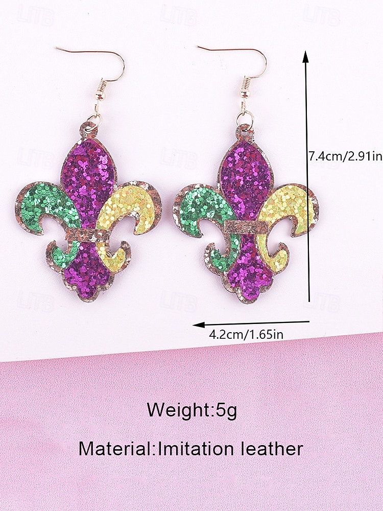 Женские серьги из искусственной кожи в виде трехцветной геральдической лилии для карнавала Марди Гра: яркие фиолетовые, зеленые и желтые, сверкающий дизайн, идеально подходят для карнавальных торжеств. 2026 - $9.99 –P4