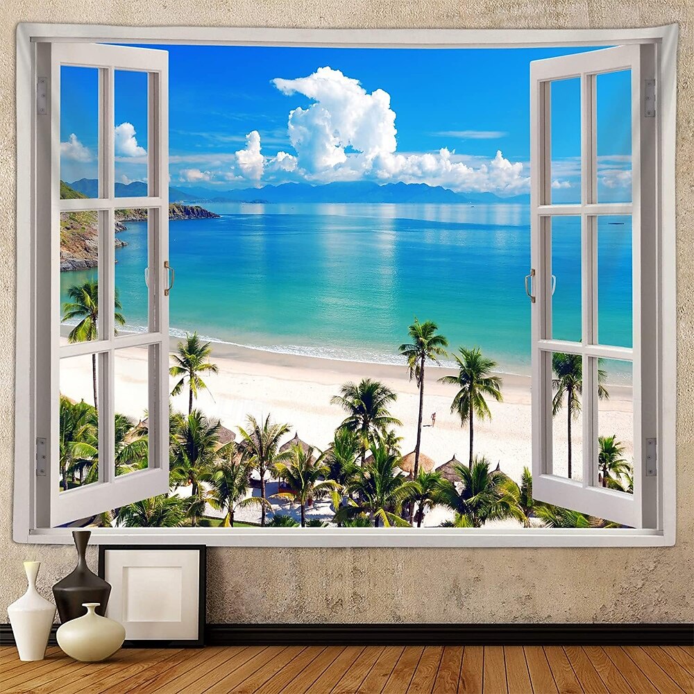 3D gobelín s výhledem z okna, pláž, falešné okno, oceán, nástěnná dekorace, tropické palmy, pobřežní krajina, do obývacího pokoje, místnost na jógu. 2026 - $20.99 –P2