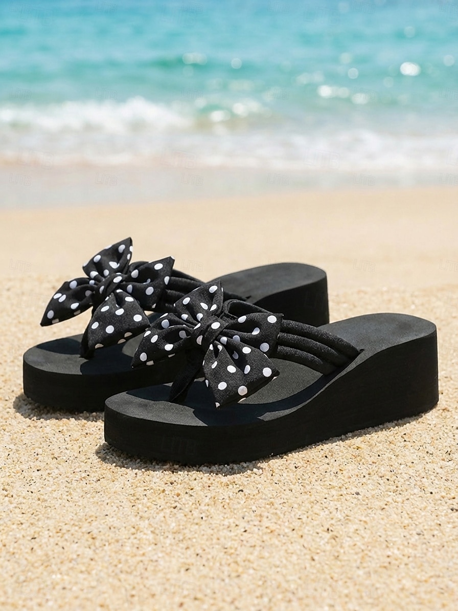 Damflip-flops med prickig rosett – avslappnade strandsandaler med bekväm platåsula för semester, sommar och avkoppling vid poolen 2026 - $19.99 –P5