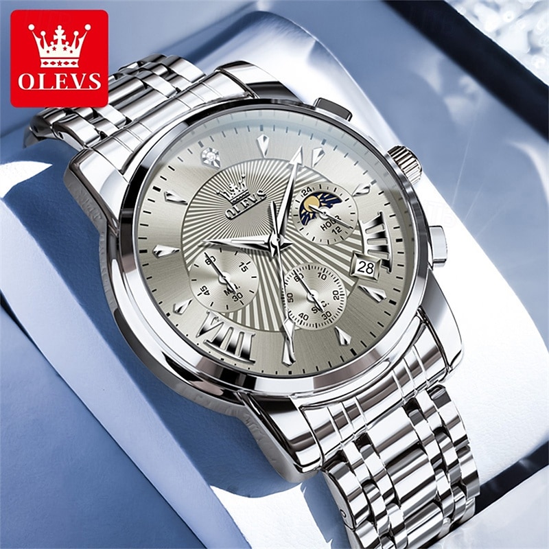 Nuovo orologio da uomo business del marchio olevs con calendario luminoso, fasi lunari, cronometro, orologio al quarzo multifunzionale e alla moda, orologio da polso da uomo casual, resistente del 2026 a $39.99 –P14