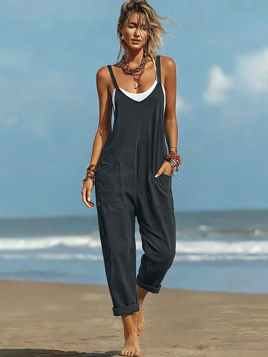 2026年 女性用 標準 ジャンプスーツ 活発的 純色 ノースリーブ Ｖネック ポケット 日常 ビーチ ルーズフィット ブラック ワイン パープル 夏  コレクション – $25.99 –P1
