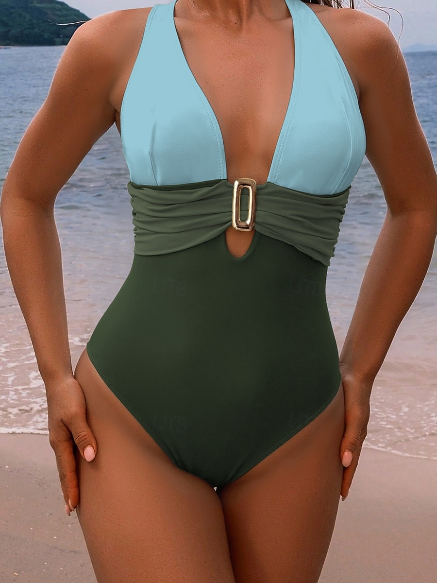 Dámské Plavky Jeden kus Vysoký pas Plavky Nabírané šaty Slátanina prázdniny Vinobraní Bez vzoru Do V Bez rukávů Plavky 2026 - $28.99 –P8