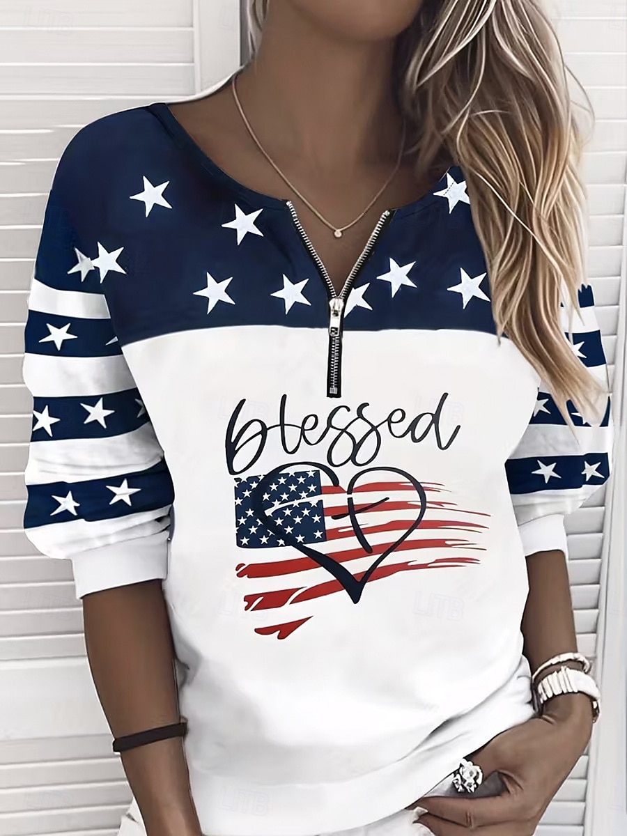 Moletom Pullover Patriótico Feminino do Dia da Independência Moletom com Zíper Gráfico Listrado Moda Casual Manga Longa Gola Redonda Rua Vestuário Diário Impressão com Zíper Azul Vermelho Primavera de 2026 por $27.99 –P4