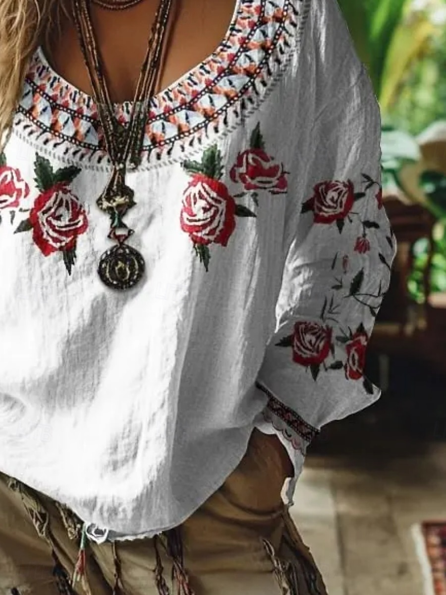 Women's Shirt Boho Shirt Blouse Print Floral Graphic Bohemia Vintage Stylish Long Sleeve V Neck Regular Tops Daily Holiday Going out White Summer Spring Fall 2026 - $27.99 –P2