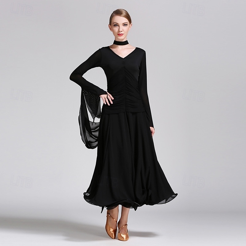 Vestido de baile de salón rojo para mujer, cuello en V, cintura fruncida, manga larga, vestido de vals, traje de competición estándar moderno. 2026 - $123.99 –P1