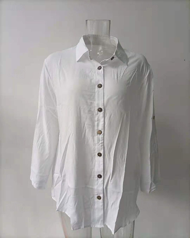 Per donna Finto cotone e lino Elegante Vintage Quotidiano Ferie Uscire Vestibilità comoda Semplice Manica Lunga Colletto a Camicia Bianco Verde Estate Primavera del 2026 a $23.99 –P3