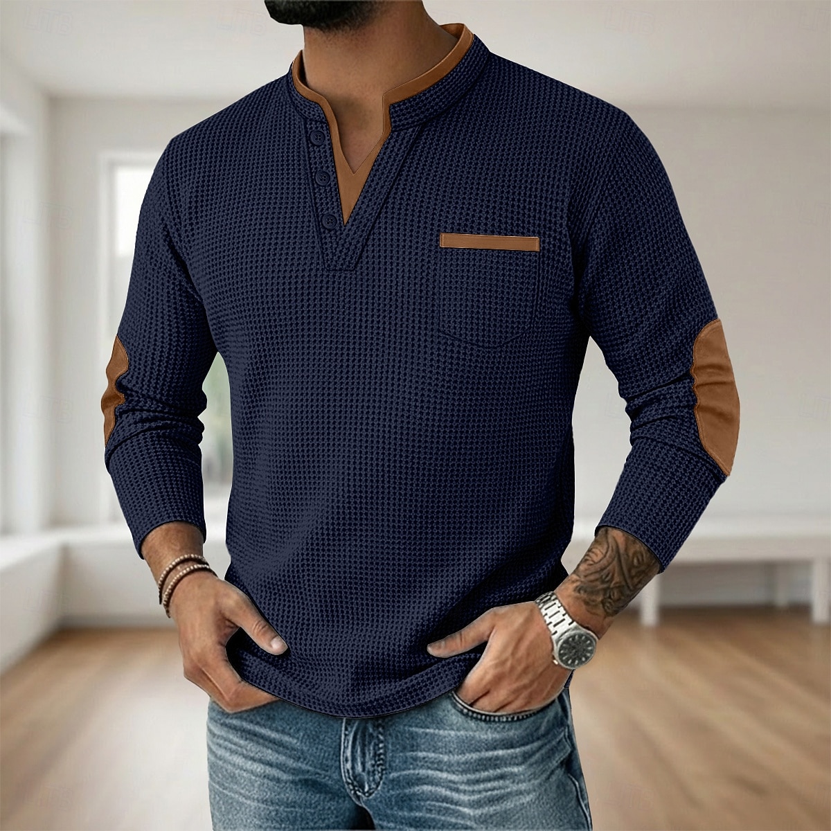 Miesten Vohveli tee Vohveli Henley-paita Pitkähihainen V kaula-aukko Henley Syksy 봄 & Syksy Yhtenäinen väri Muoti Perus Vapaa-aika väärennetty kaksiosainen Kausaliteetti Katu Urheilu Vaalean sininen 2026 - $25.99 –P16