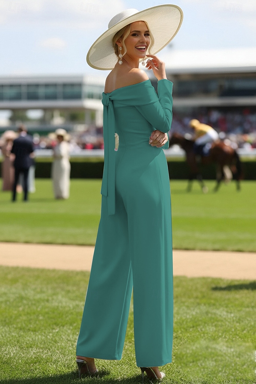 Mono Hasta el Suelo Vestido Derby Vestido de Madrina Manga Larga Hombros Caídos Elegante El derby de Kentucky con Un Color 2026 - $149.99 –P2