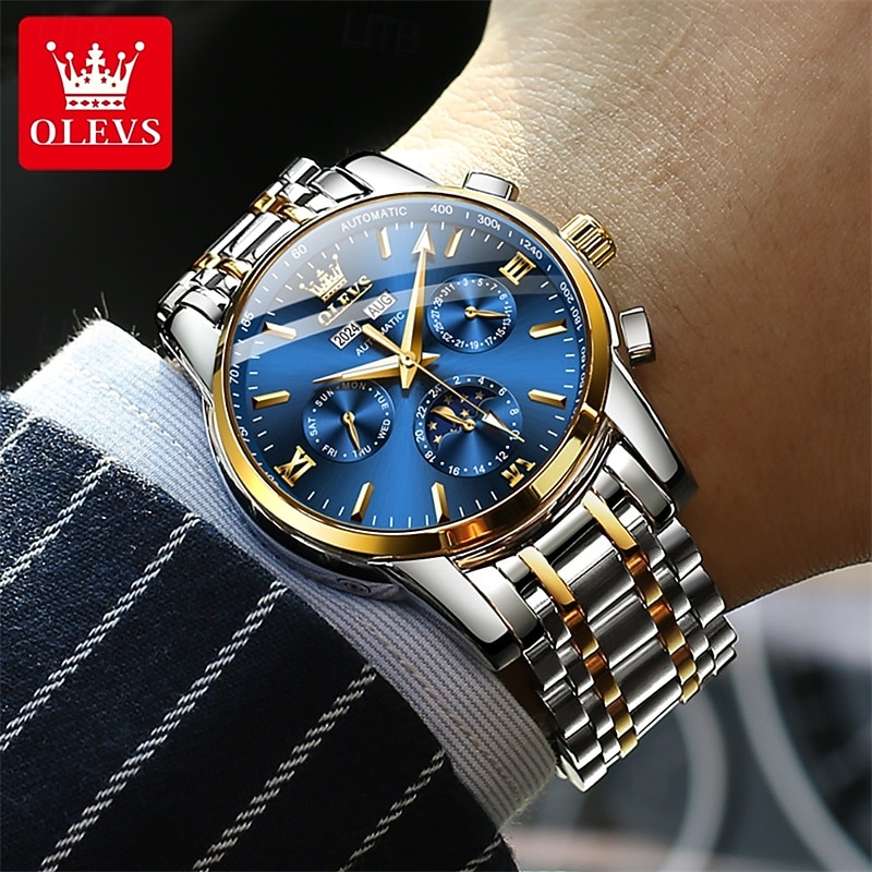 Montre homme Olevs neuve, élégante et fonctionnelle, avec affichage des phases de la lune, du calendrier, de l'heure sur 24 heures et du jour de la semaine. Montre mécanique automatique multifonctions de 2026 ? $121.99 –P19