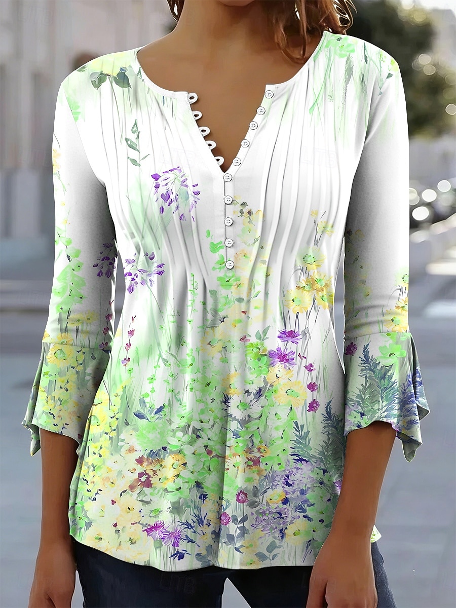 Damen T-Shirt Floral Grafik Elegant 3/4 Länge Ärmel V-Ausschnitt Lange Oberteile Täglich Ausgehen Volants Knöpfe Blau Gelb Violett Grün Sommer Frühling 2026 - $26.99 –P3