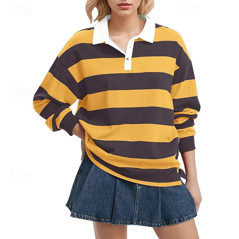 Women's T Shirt Tee Top Buttons Striped Fashion Stylish Classic Long Sleeve Shirt Collar Regular Tops Daily Going out Weekend White Yellow Pink Red Red White Spring Fall 2026 - $32.99 –P3
