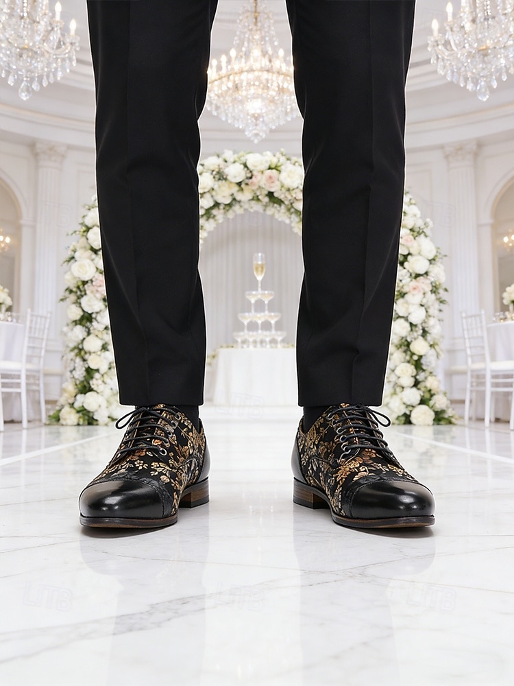 Κομψά ανδρικά δερμάτινα νυφικά παπούτσια - μαύρα με χρυσό φλοράλ μοτίβο, υποδήματα υψηλής ποιότητας για γάμους και επίσημες γιορτές 2026 - $109.99 –P2