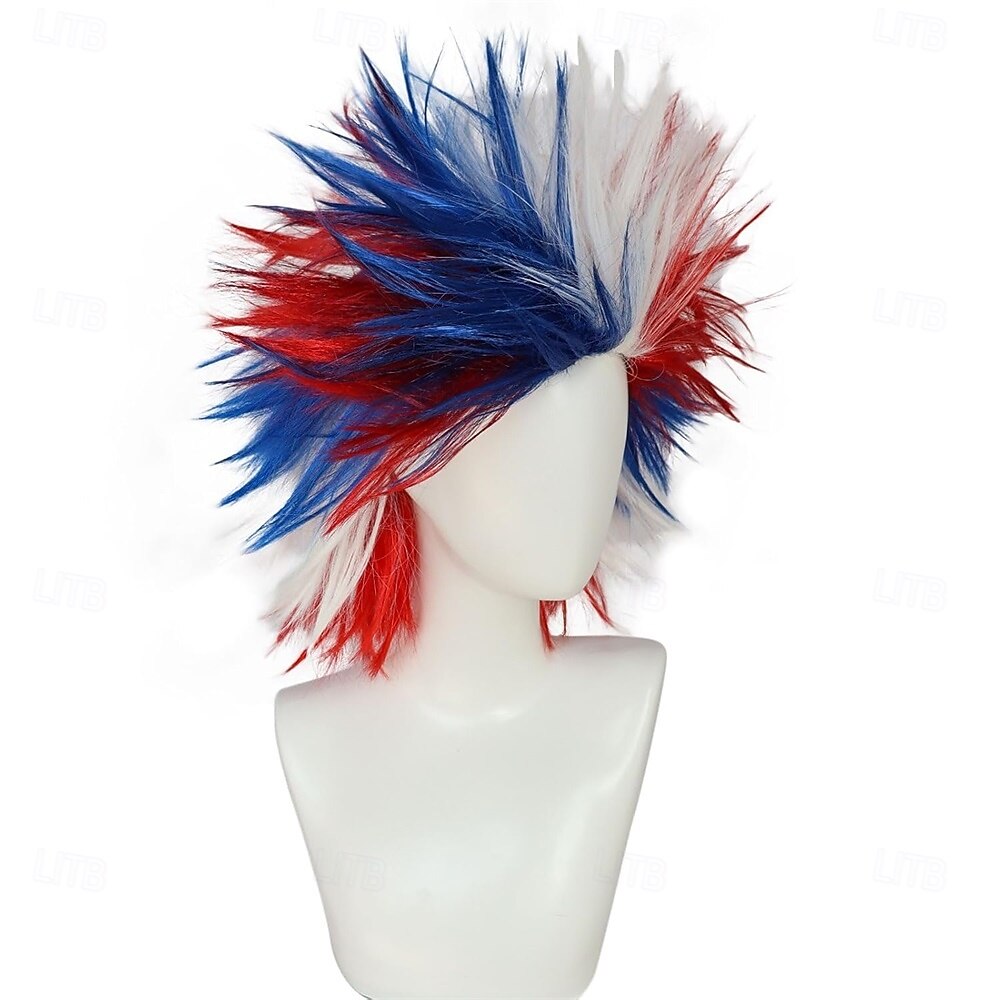 Rød hvit blå gal parykk unik spiky og morsomme parykker rød gal hår patriotisk parykk blå funky fluffy parykker pelucas para payasos kostyme 4. juli feiringer temafest 2026 - $28.99 –P5