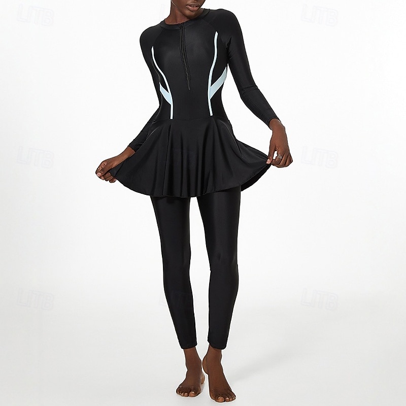 Mulheres Proteção solar de corpo inteiro Vestidos de Natação One Pieces Retalhos Zip Up Proteção UV Elástico Manga Longa Roupa de Banho roupa de banho Surfe Snorkeling Natação Primavera de 2026 por $30.99 –P3