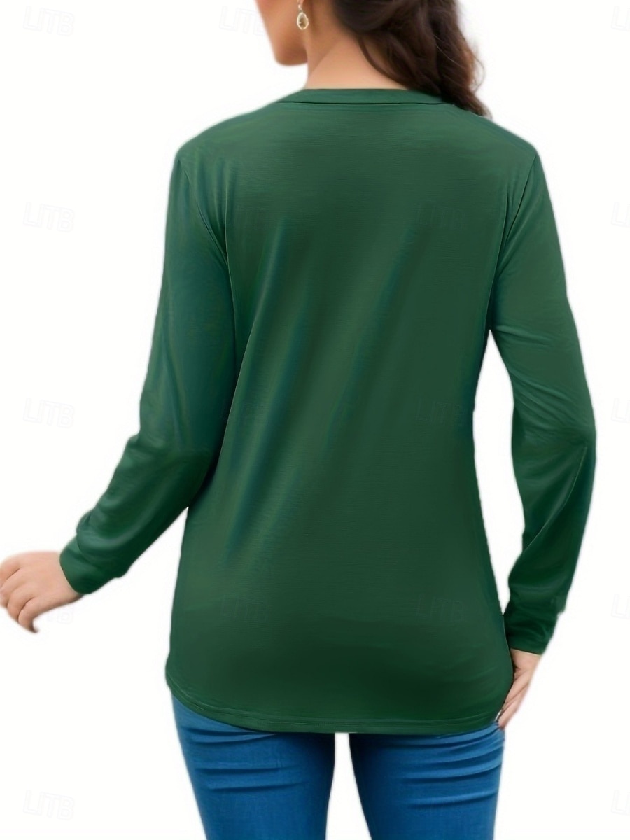 Dames T-shirt Met ruches Effen Modieus Klassiek Casual Lange mouw V-hals Normale tops Dagelijks Uitgaan Weekend Zwart Wit Blozend Roze Leger Groen Lente Herfst 2026 - $21.99 –P7