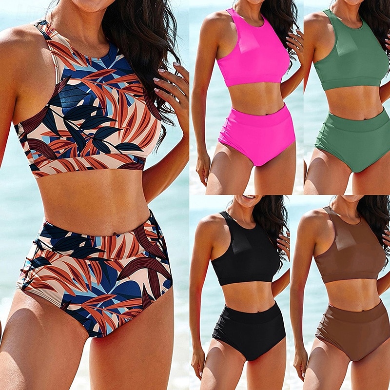 Mulheres Conjuntos de biquíni 2 Peças Maiôs Cor Sólida Proteção UV Elástico Sem Manga Roupa de Banho roupa de banho Surfe Mergulho Natação Verão de 2026 por $17.99 –P1