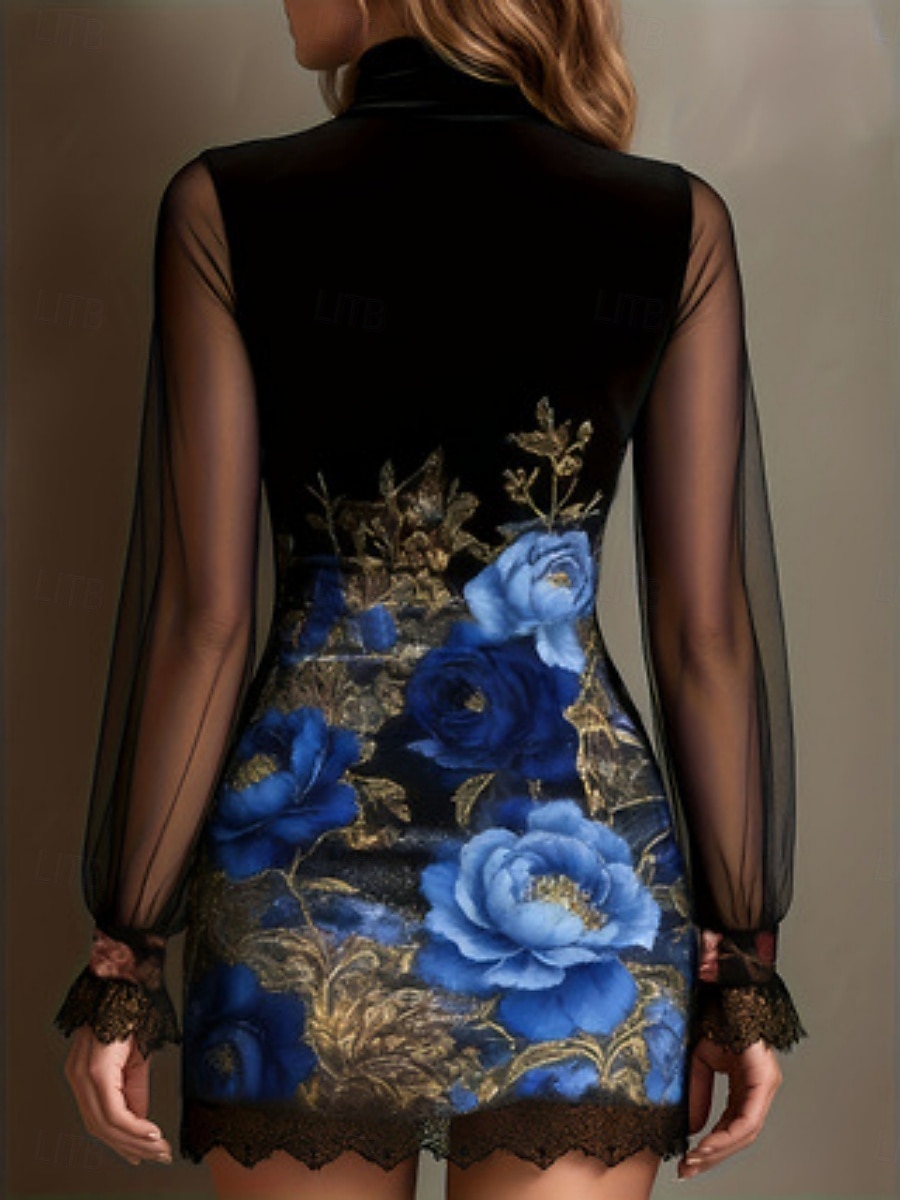 Damen Minikleid Bodycon Blumenkleid Mode Modern Outdoor Urlaub Party Normale Passform Blumen Langarm Rollkragen Blau Gelb Rosa Frühling Herbst 2026 - $35.99 –P9