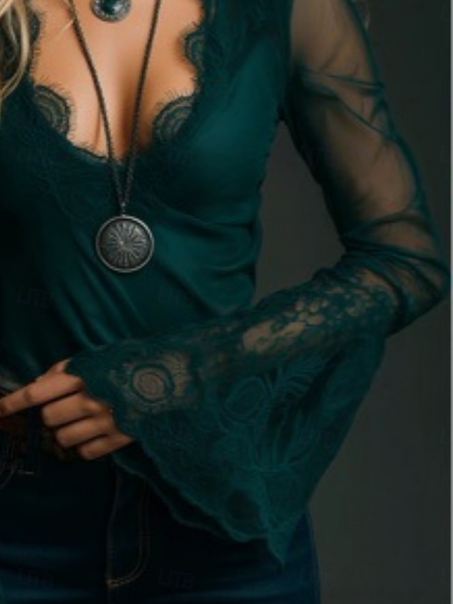 Damen Hemd Bluse Spitzentops Spitze Netz Einfach Stilvoll Basic Klassisch Langarm V Ausschnitt Normale Oberteile Täglich Ferien Ausgehen Grün Frühling Herbst 2026 - $65.99 –P4