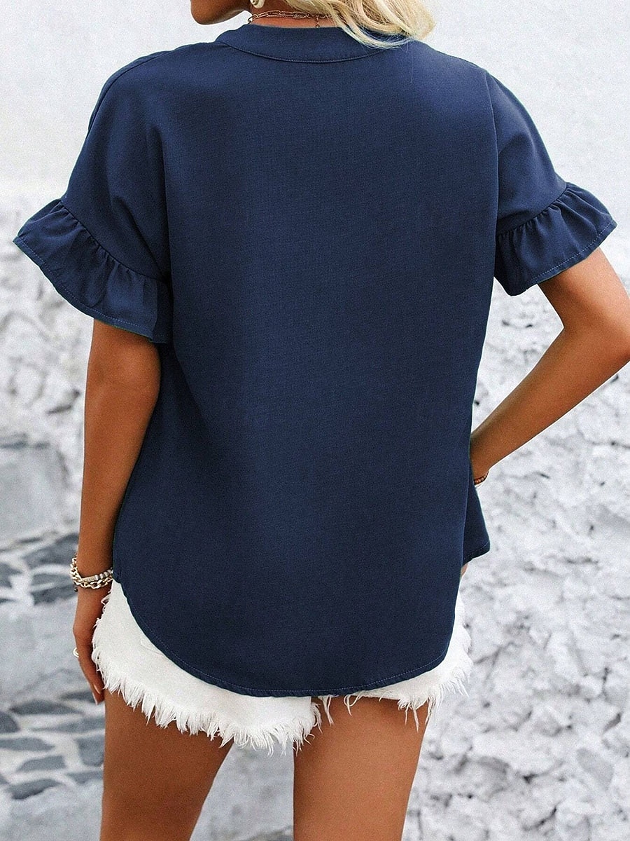 Damen Hemd Bluse Patchwork Knöpfe Einfach Vintage Stilvoll Lässig Kurzarm Stehkragen Normale Oberteile Täglich Ferien Ausgehen Denim Blue Schwarz Gelb Wein Marineblau Sommer Frühling 2026 - $31.99 –P4