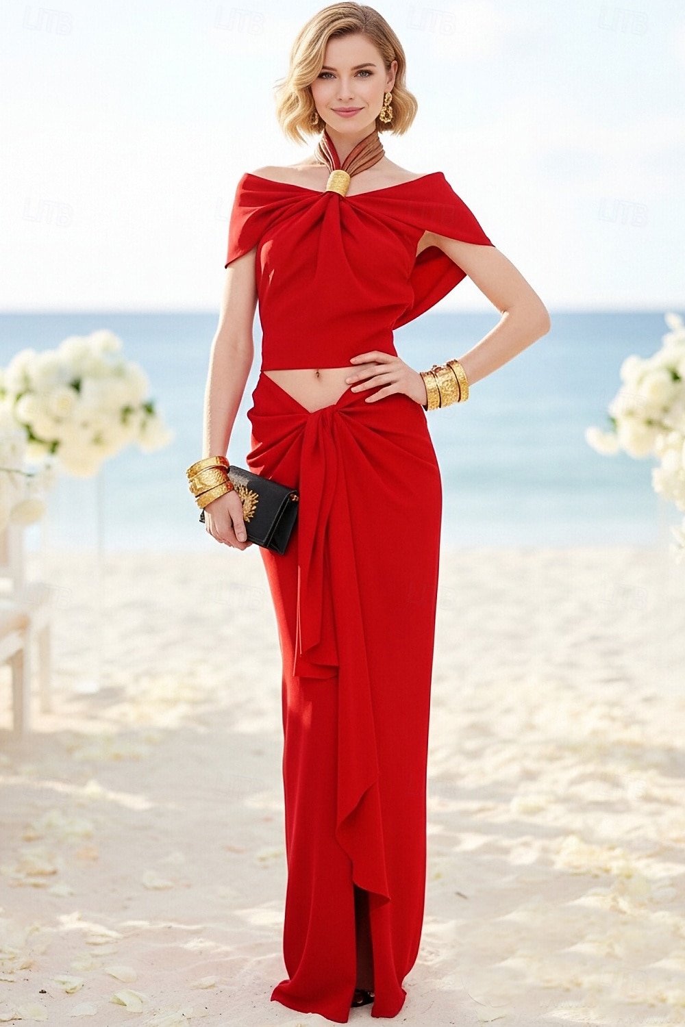 Two Piece Sheath Column Floor Length Wedding Guest Dress Wedding Guest Dresses Elegant Daily Cap Sleeve Halter Neck Garden Party Wedding with Ruched 2026 - $126.99 –P6