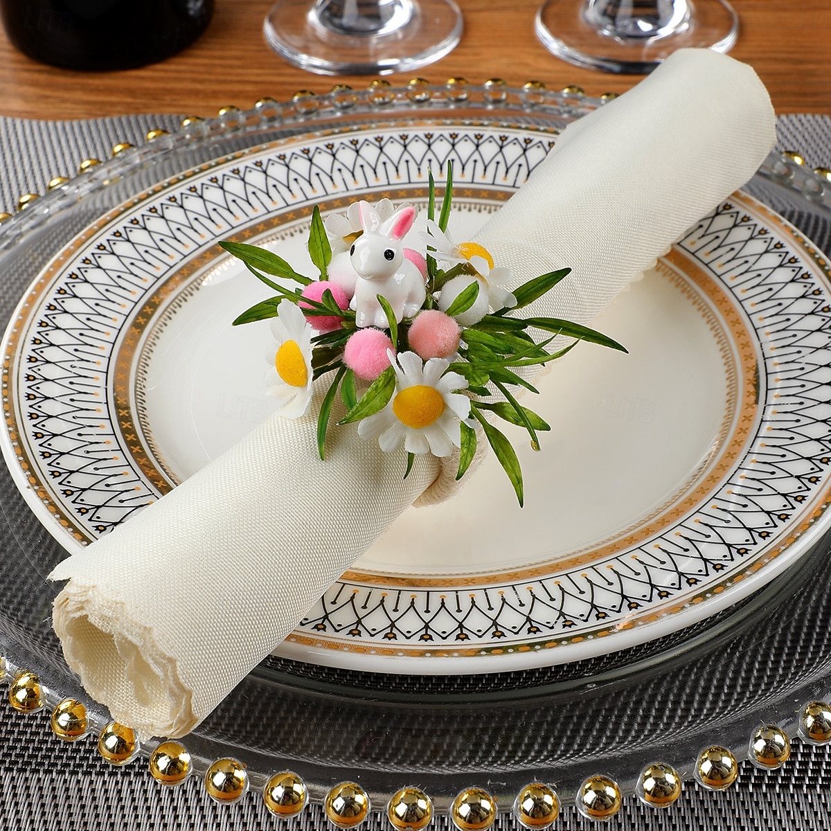 6 st servettringar med påskhare, servetthållare med vårblommor och kanin, spräckliga ägg och prästkragar, bordsdekorationer i lantlig stil för påskmiddag, gröna servettringar 2026 - $19.99 –P4