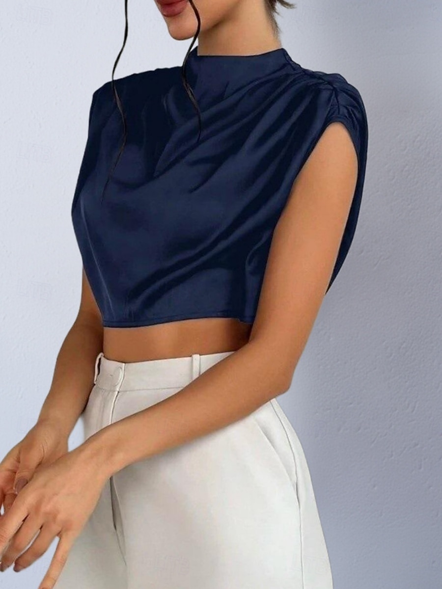 Damen Hemd Satinhemd Bluse Wickel-Crop-Top Gerafft Einfach Vintage Stilvoll Klassisch Kurzarm Hoher Ausschnitt Crop Tops Täglich Ferien Ausgehen Schwarz Weiß Marineblau Braun Grün Frühling Herbst 2026 - $22.99 –P17