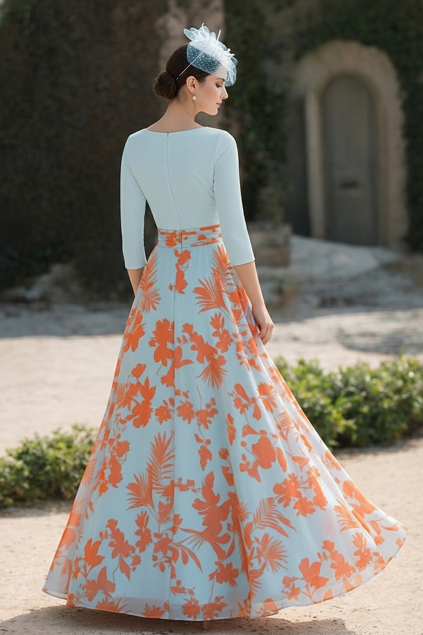 Linha A Vestidos Longo Vestido de convidada de casamento Vestido Para Mãe dos Noivos Manga 3/4 Decote V Elegante Vintage Simples Formal Chiffon com Estampa floral Franzido de 2026 por $182.99 –P2