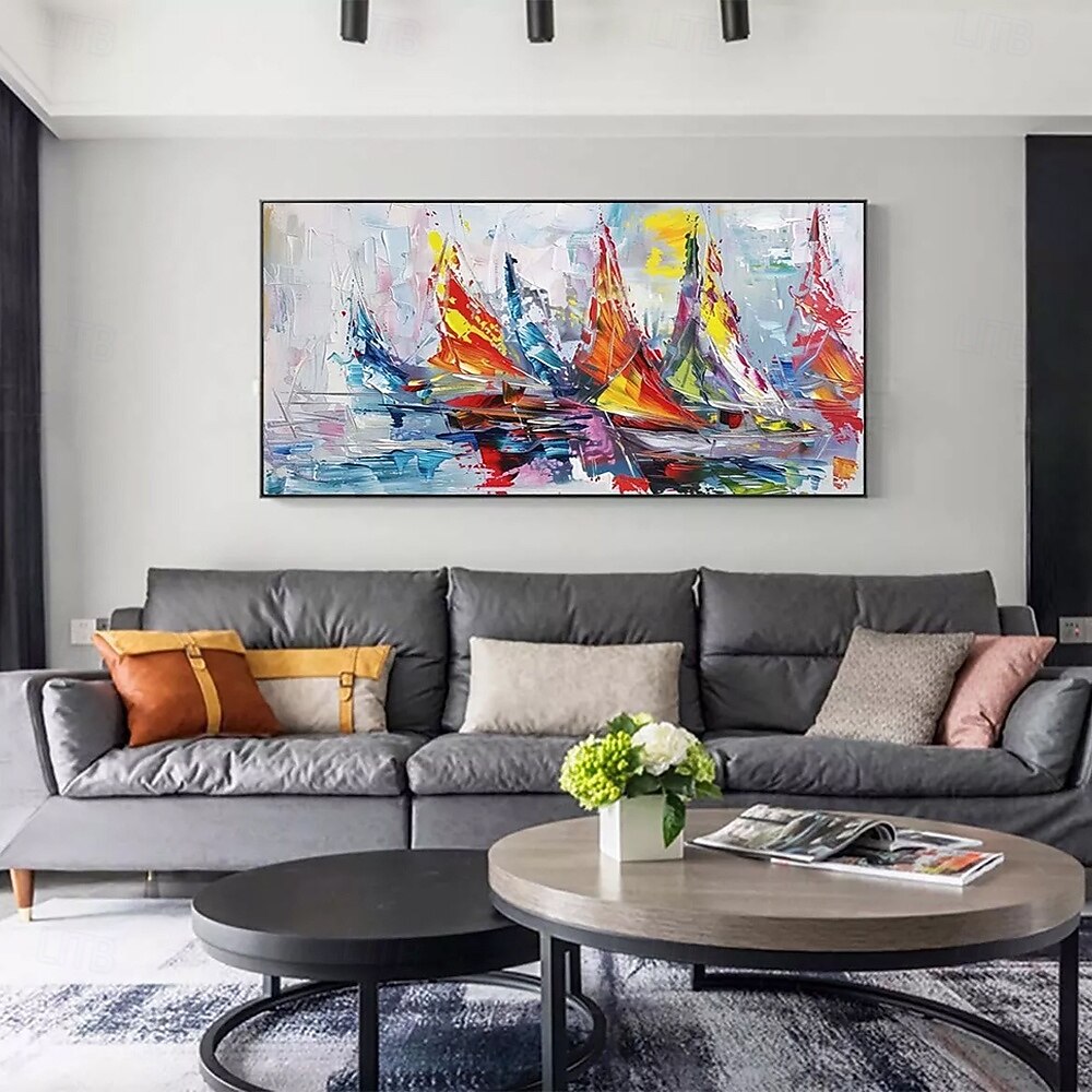 Mintura, peinture à l'huile abstraite texturée faite à la main représentant des paysages de bateaux, sur toile. Décoration murale moderne, tableau roulé sans cadre ni châssis. de 2026 ? $75.99 –P2