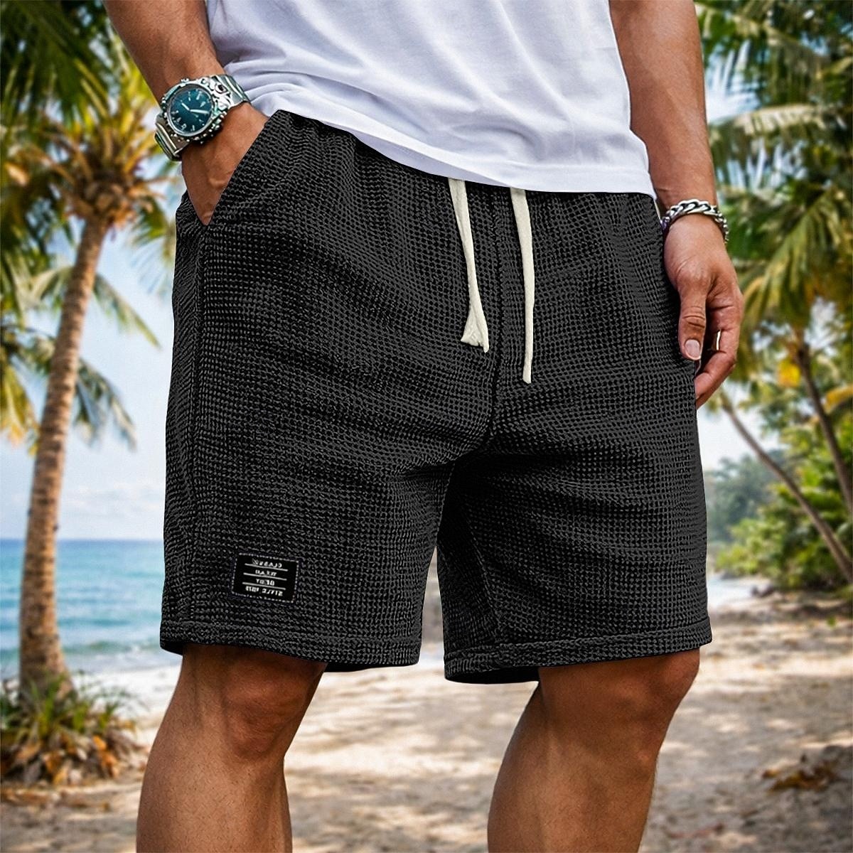 Herr Våffelshorts Shorts Sommarshorts Beach Shorts Casual shorts Snörning Elastisk midja Ensfärgat Slät Komfort Andningsfunktion Knelängd Dagligen Utomhus Streetwear Semester Mode Svart Vit 2026 - $20.99 –P6