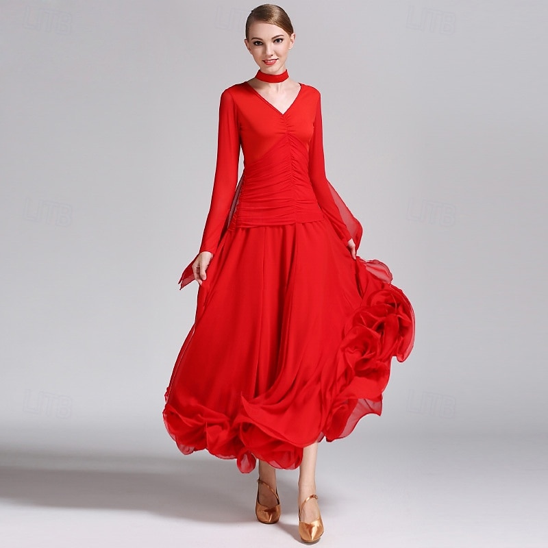 Vestido de baile de salón rojo para mujer, cuello en V, cintura fruncida, manga larga, vestido de vals, traje de competición estándar moderno. 2026 - $123.99 –P6