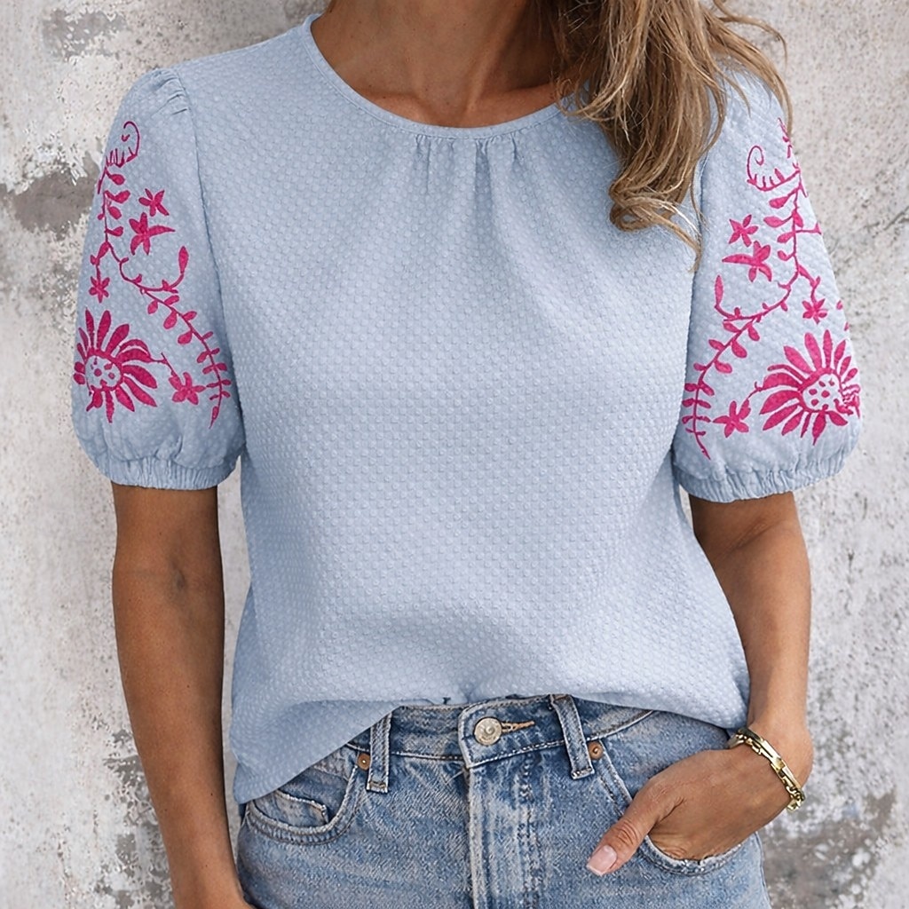 Per donna Maglietta Ricamato Pois Vintage Elegante Casual Manica Corta Manica a Palloncino Girocollo Top Regolari Quotidiano Uscire Abbigliamento da vacanza Blu Nero Rosa Verde Albicocca Estate del 2026 a $26.99 –P1