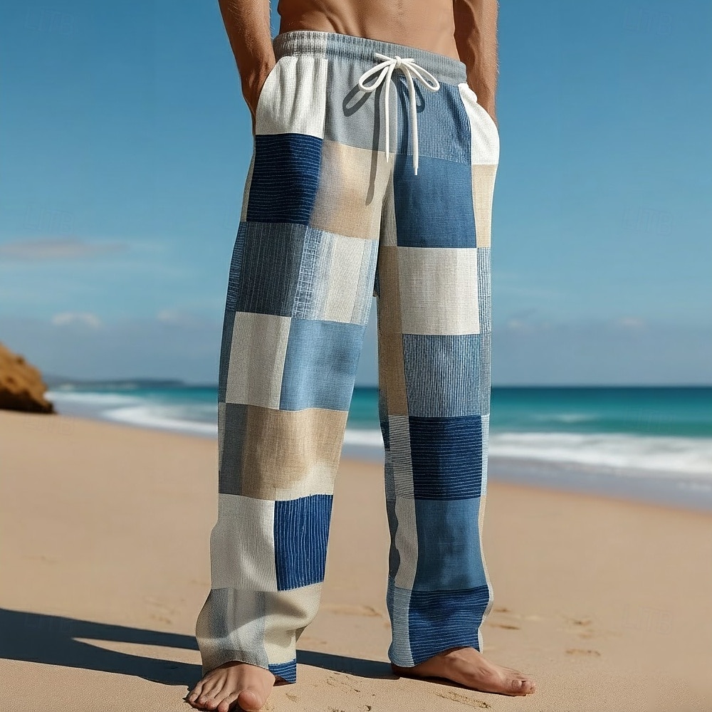 Men's Geometric Color Block Patchwork Trousers Casual Pants Baggy Pants Mid Waist Fashion Home Outdoor Vacation Elastic Drawstring Waist Linen-Like Pants with Pockets Summer Spring 3D Print Blue 2026 - $27.99 –P3