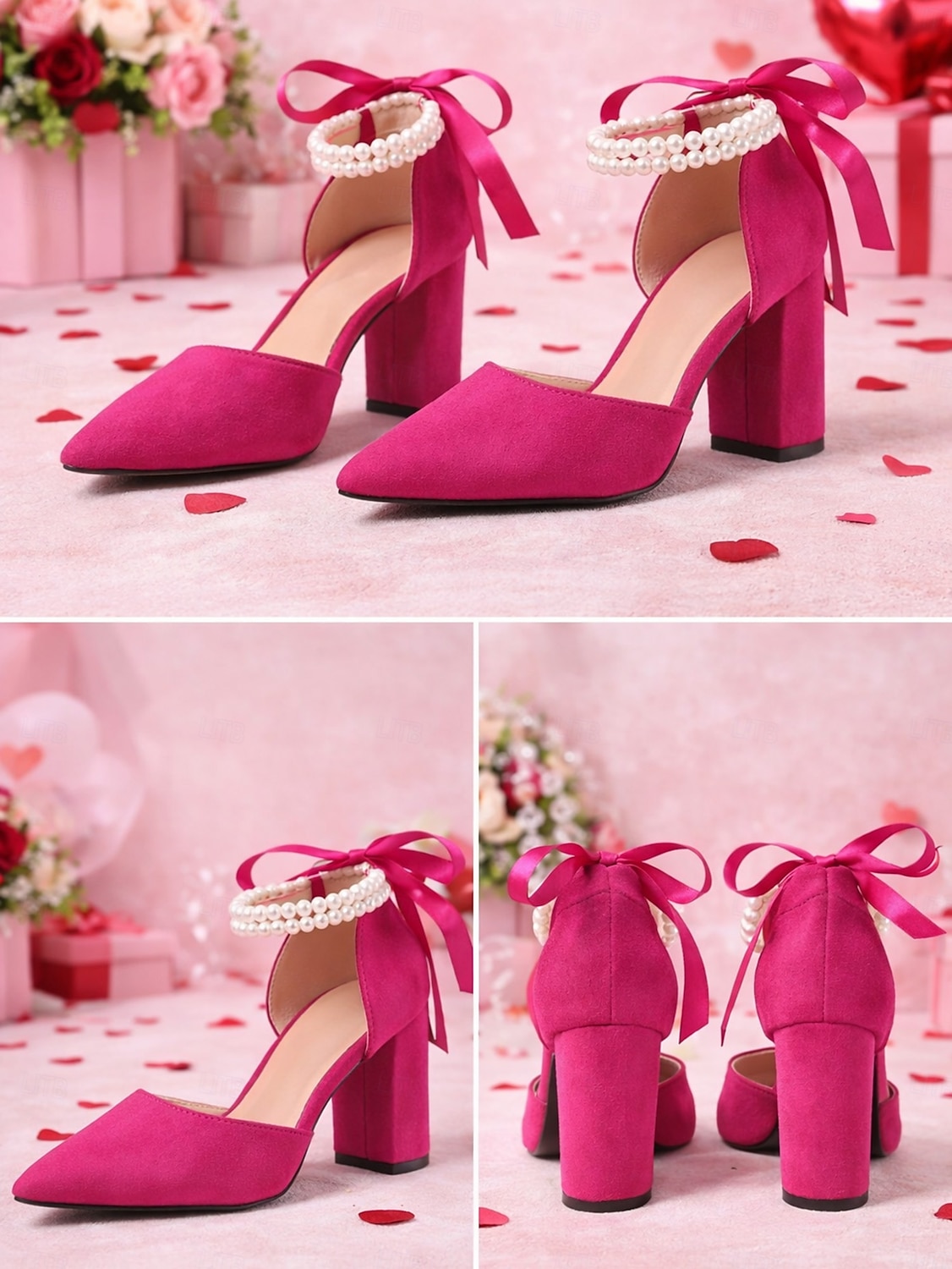 Dames pumps met enkelbandje, enkels, spitse neus en blokhak van suède met parels, perfect voor een date op Valentijnsdag. 2026 - $34.99 –P1