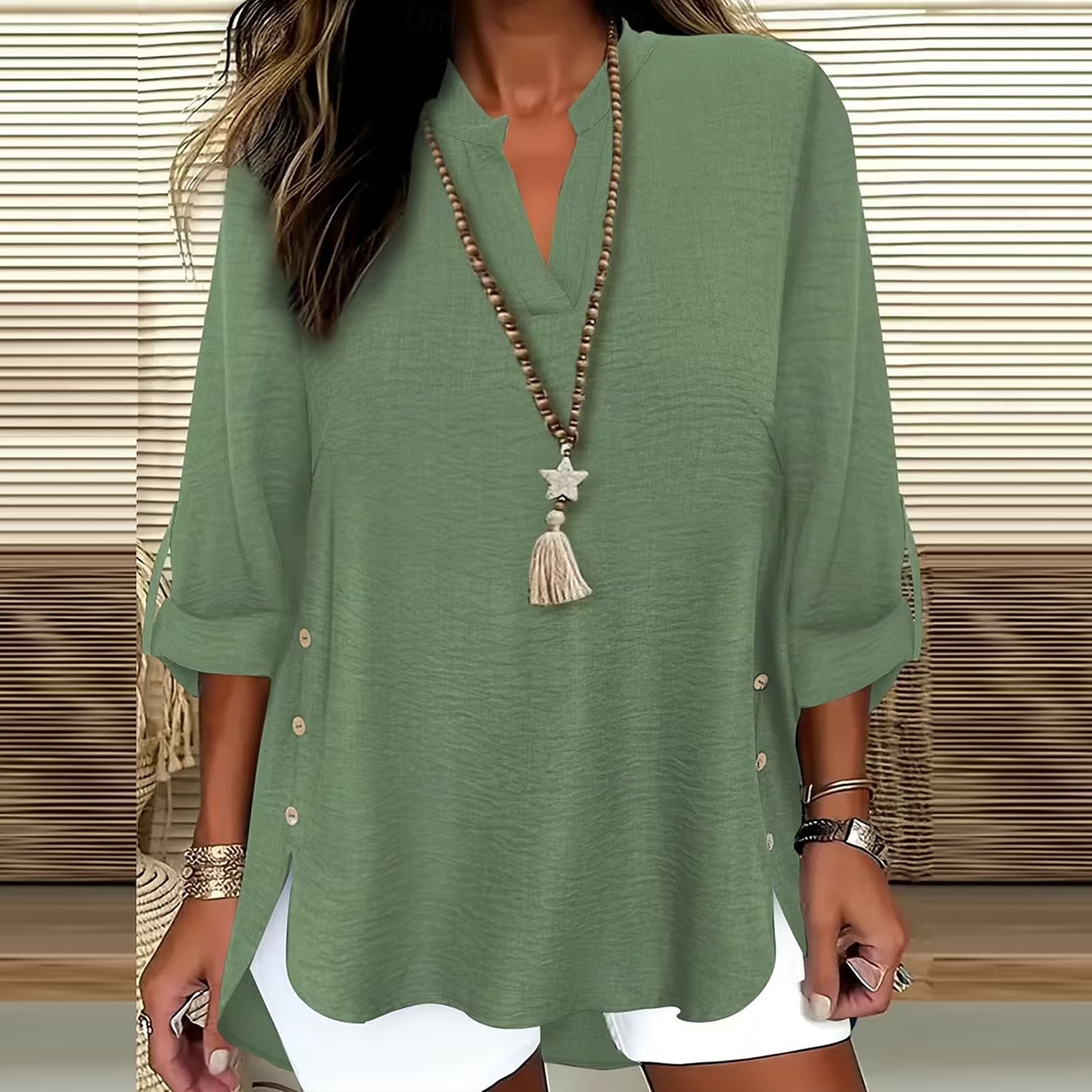 Pentru femei Cămașă Boho Tunică Peteci Culoare solidă Elegant Zilnic Stilat Lungime Manșon 3/4 În V Topuri obișnuite Zilnic Muncă Concediu Albastru piscină Verde Crud Negru Alb Roșu-aprins Primăvar 2026 - $19.99 –P9