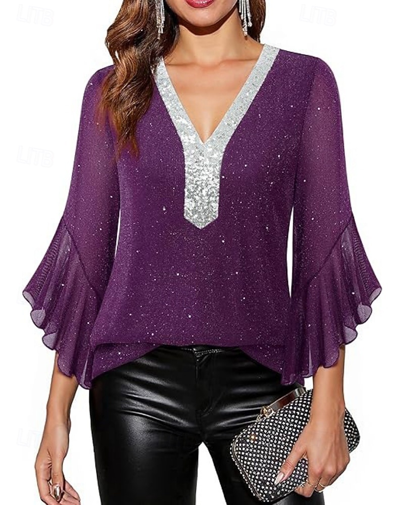 Mulheres Blusa Tops de lantejoulas Patchwork Bloco de cor à moda Moderno Manga 3/4 Sino Decote V Tops regulares Diário Feriado Para Noite Azul Preto Vermelho Verde Verão Primavera de 2026 por $31.99 –P16