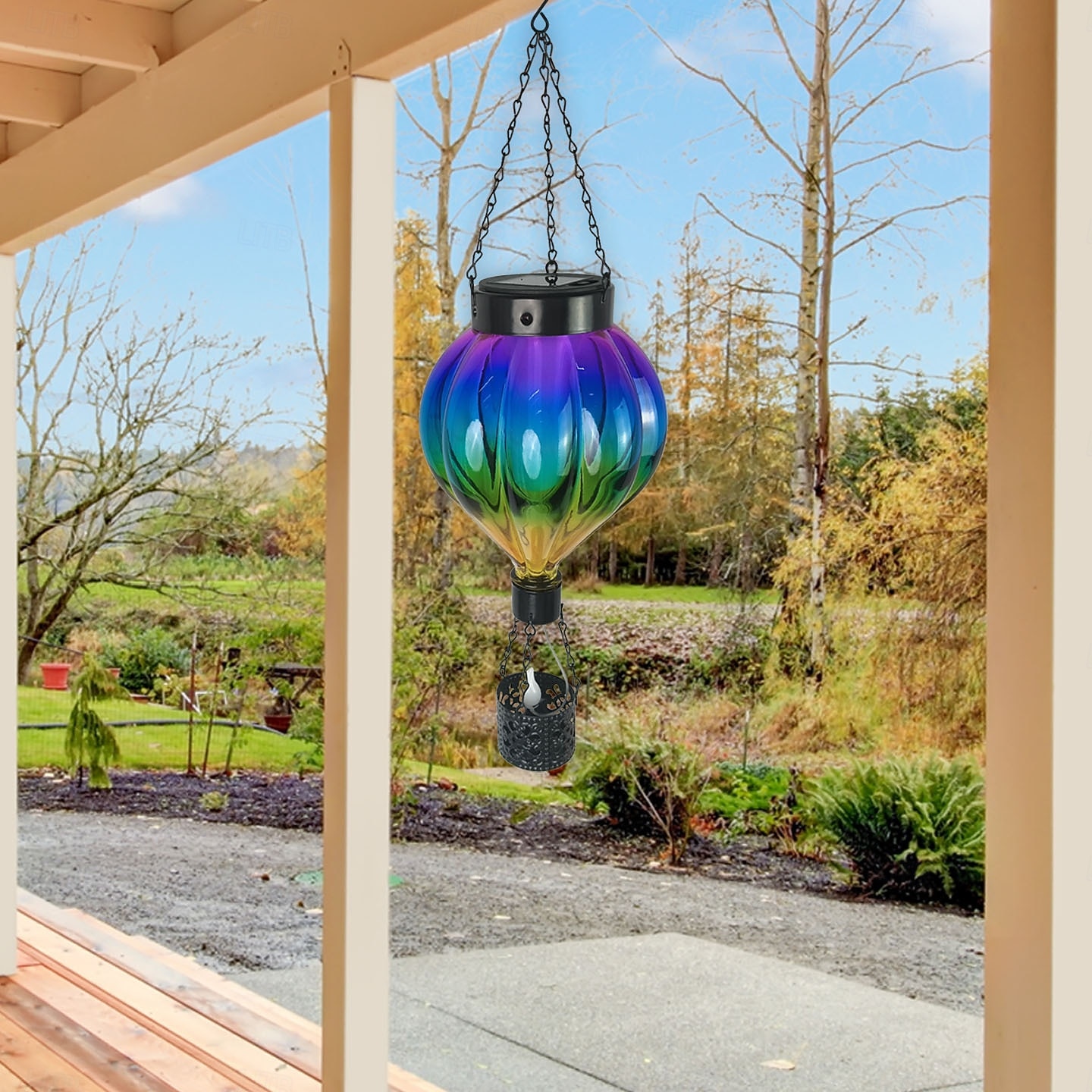1 linterna de globo aerostático de metal de vidrio colorido impermeable y solar para exteriores, luz de llama simulada LED, decoración de árboles de granja y jardín, iluminación de paisaje, luz 2026 - $30.99 –P8