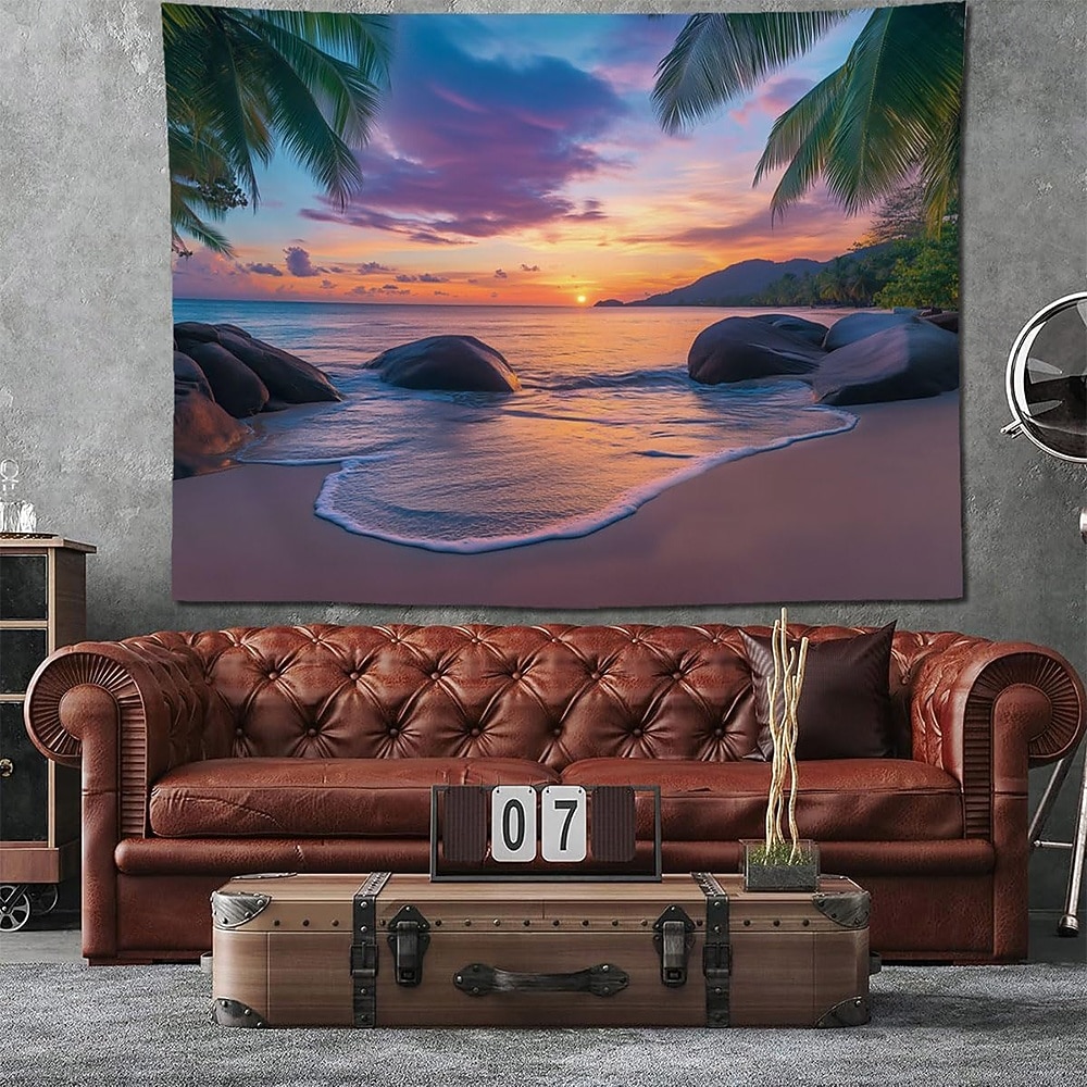 Arazzo da parete con tramonto sulla spiaggia tropicale, paesaggio marino con palme e rocce, decorazione murale naturale per camera da letto, sala yoga, spazio per la meditazione del 2026 a $20.99 –P2