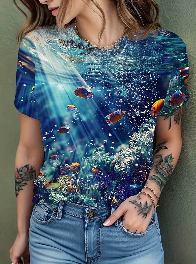 Mujer Camiseta Estampado Oceano Vintage Elegante Casual Manga Corta Cuello Barco Tops regulares Diario Azul Piscina Rosa Azul claro Verano Primavera 2026 - $22.99 –P2