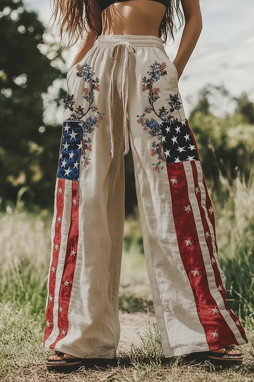 Calça feminina pantalona estilo boho para o Dia da Independência dos EUA, cintura alta, estampa floral, cordão ajustável, elástico na cintura, respirável, confortável e ideal para o dia a dia. de 2026 por $27.99 –P1
