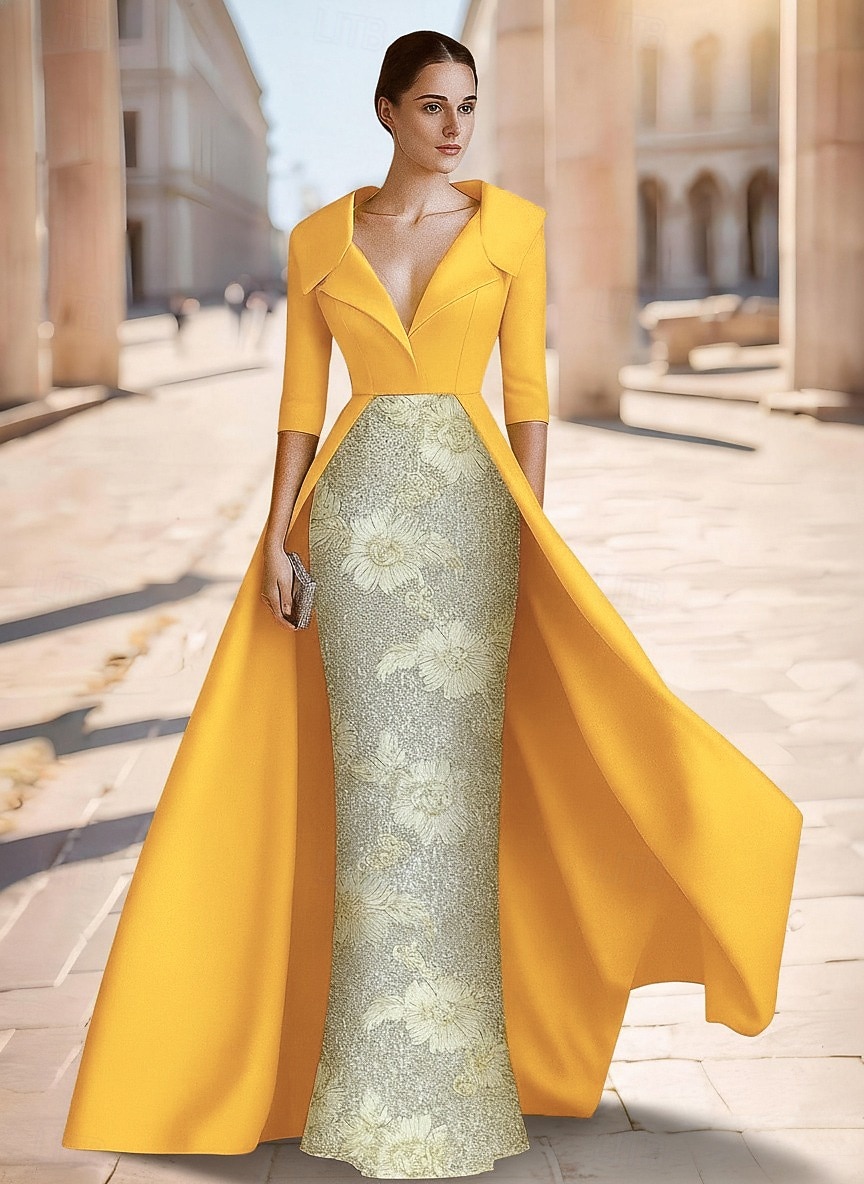 Sheath Column Floor Length Beaded Eembroidered Formal Dresses Mother of the Bride Dress Evening Gown Ball Gown with Overskirt Formal Dress Elegant Sparkle Silky 3/4 Length Sleeve Lapel Wedding Formal 2026 - $195.99 –P6