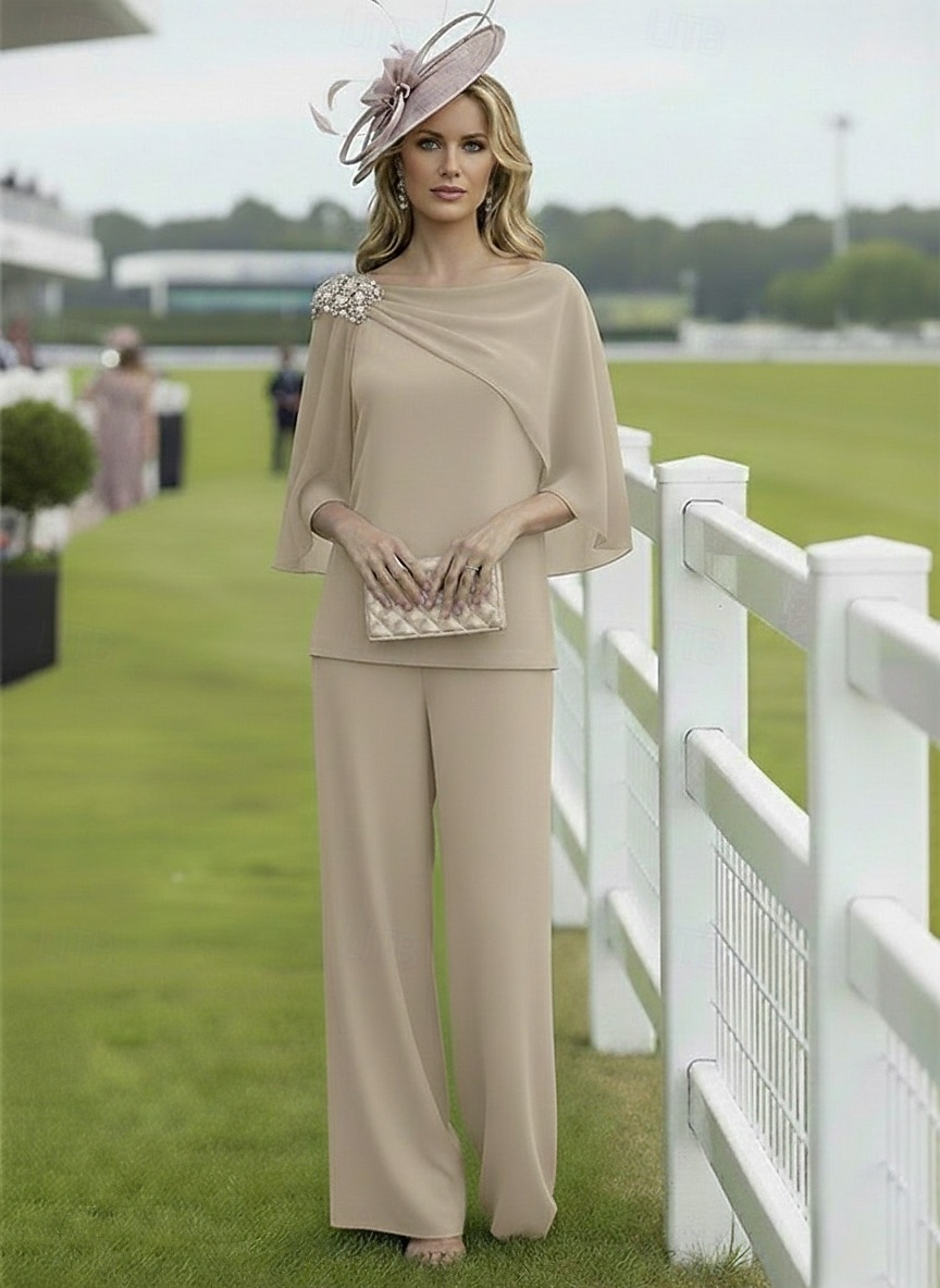Dwuczęściowa Kombinezon Sięgająca podłoża Sukienka dla matki panny młodej Rękaw 1/2 Łódeczka Elegancja Prosty Ozdobny Formalny Gość weselny Szyfon z Z marszczeniami Ozdoby z pereł Koraliki 2026 - $148.99 –P4