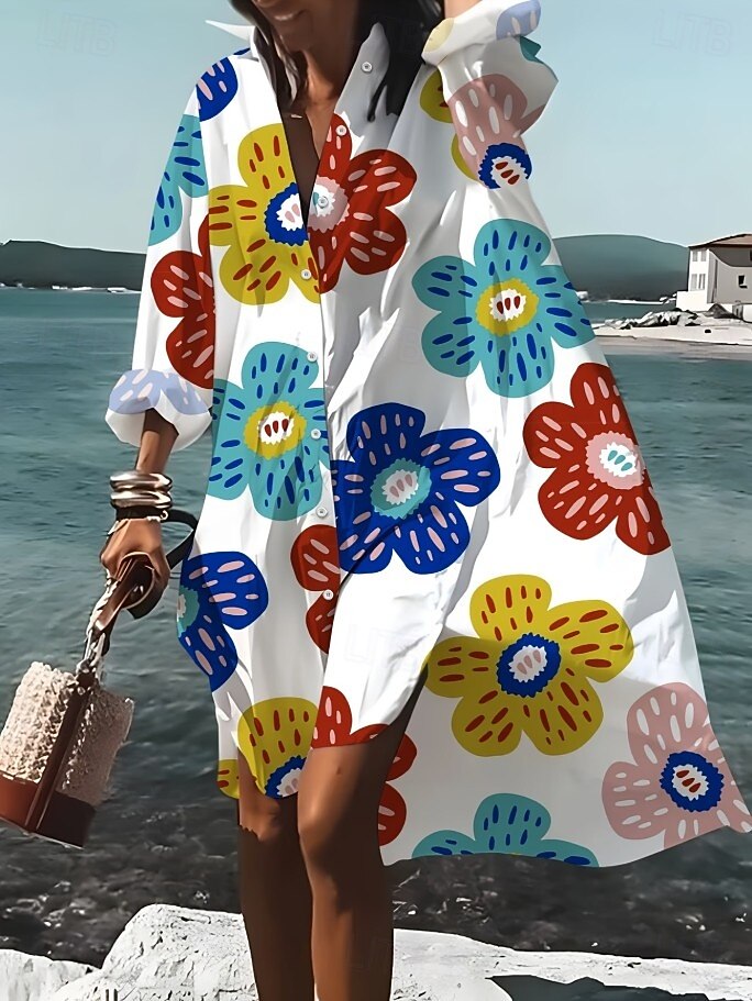 Pentru femei Rochii Midi Rochii Tip Cămașă Rochie casual Rochie de vară Elegant Vacanță Tropical Plajă Potrivire Largă Floral Manșon Lung Guler Cămașă Albastru piscină Negru Alb Vară Primăvară 2026 - $45.99 –P2